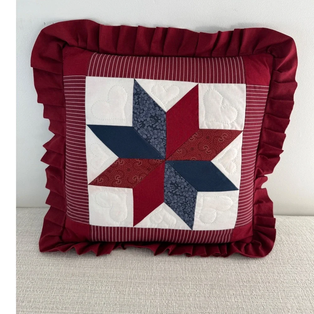 Handmade Quilted 8 Star Pattern Pillow w/Ruffle Americana Red White Blue
